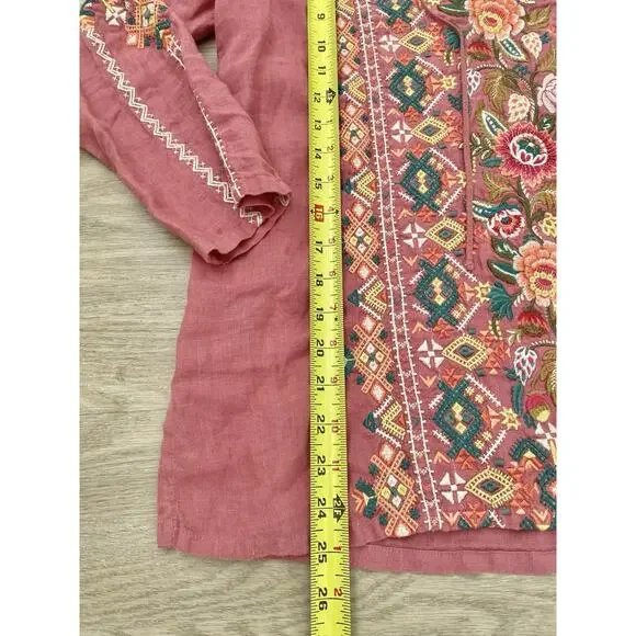 Johnny Was Chandra Pink Linen Peasant Top Blouse XS Embroidered Boho Cottage - Picture 13 of 13
